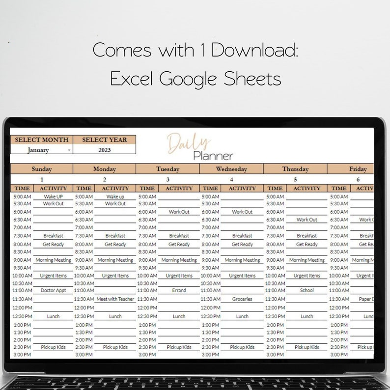 May include: A daily planner template on a laptop screen. The planner is divided into seven columns for each day of the week, with rows for time and activity. The planner is for the month of January 2023.