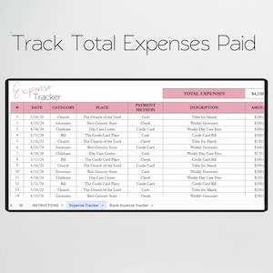 May include: A pink and white printable expense tracker with a table listing date, category, place, payment method, description, and amount. The total expenses are $4,520. The table is filled with sample data.