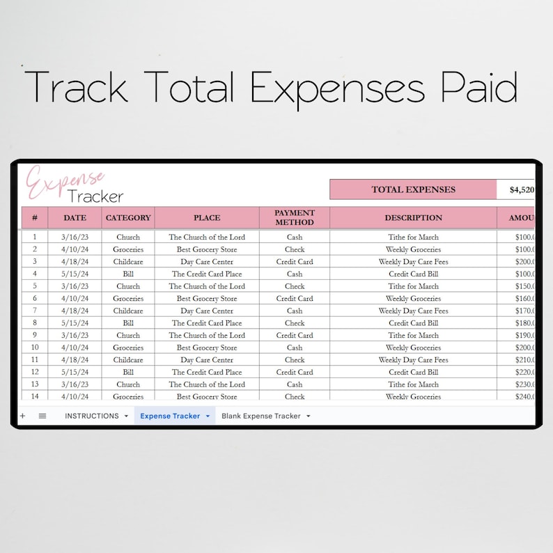 May include: A pink and white printable expense tracker with a table listing date, category, place, payment method, description, and amount. The total expenses are $4,520. The table is filled with sample data.