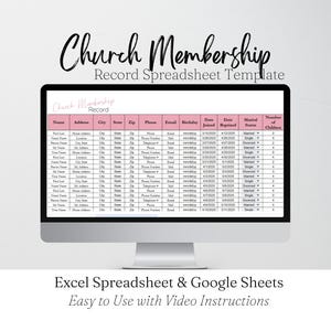 Church Membership Directory Template Excel Spreadsheet, Church Membership List, Church Roster Template Log, Church Members Google Sheets