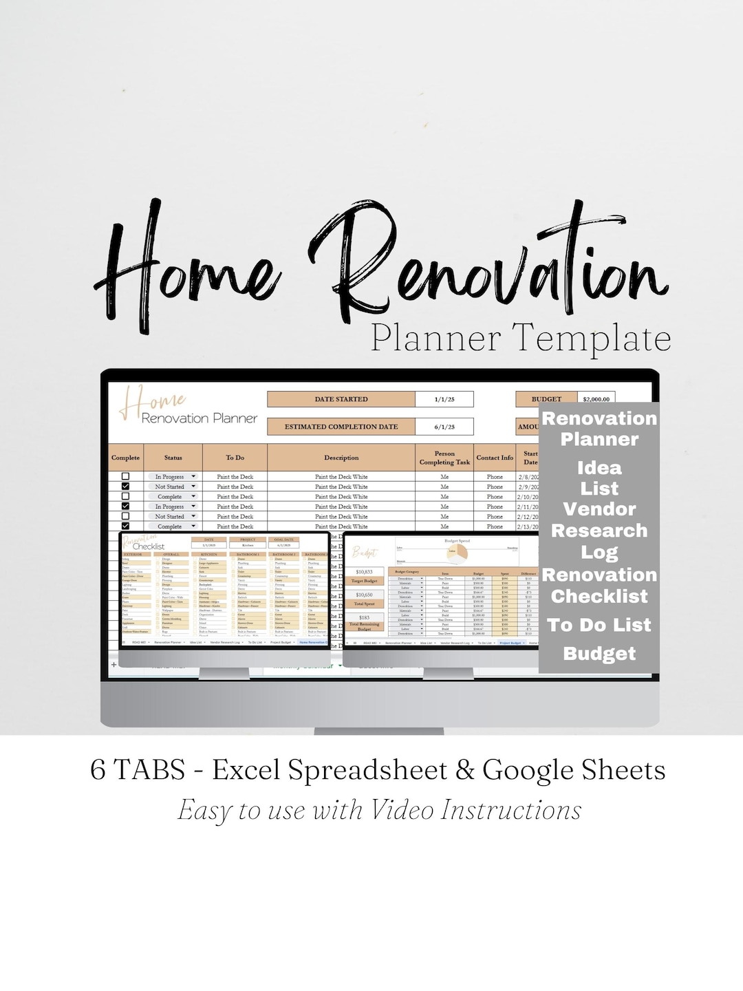 Home Improvement Planner Template, Home Remodel Planner Budget, Home
