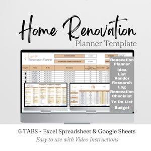 Home Improvement Planner Template, Home Remodel Planner Budget, Home Project Interior Design Google Sheets, Home Building, Excel Spreadsheet