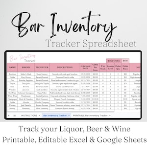 Bar Warenbestand Tabelle, Spirituosen Warenbestand, Bier und Wein Warenbestand, Alkohol Warenbestand, Restaurant Bar Vorlage Bestell Tracker Google Sheet