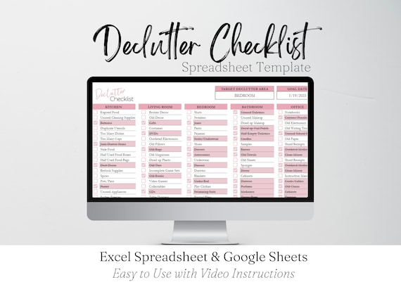 Declutter Checklist Template, Declutter Challenge, Declutter Planner, Minimalist Checklist Template Spreadsheet Cleaning Google Sheets