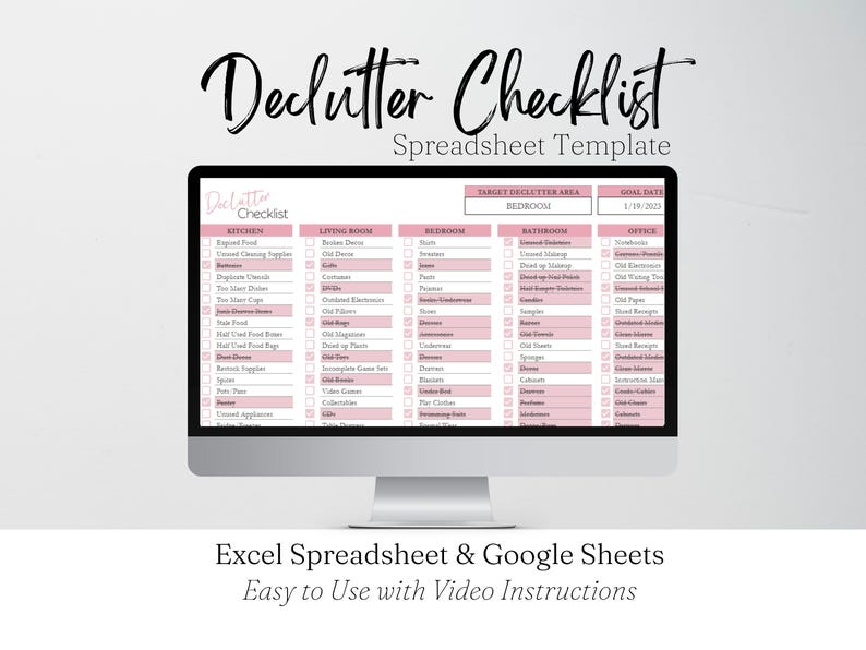 Declutter Checklist Template, Declutter Challenge, Declutter Planner, Minimalist Checklist Template Spreadsheet Cleaning Google Sheets image 1