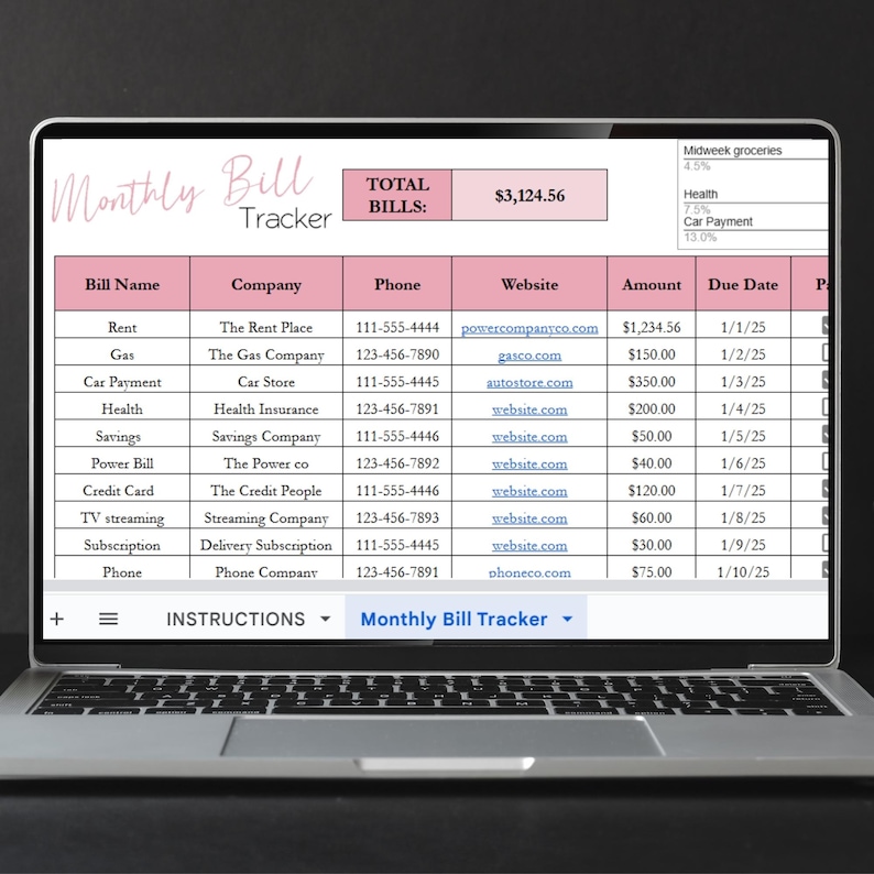 May include: A laptop screen displays a pink and white "Monthly Bill Tracker" spreadsheet. The spreadsheet lists bill names, companies, phone numbers, websites, amounts, and due dates. The total bills amount to $3,124.56.
