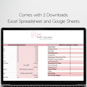 Op de afbeelding: Een screenshot van een computerscherm waarop een spreadsheet te zien is met een roze en witte kleurstelling. De spreadsheet heeft de titel "Etsy Profit Calculator" en wordt gebruikt om Etsy-kosten en winstmarges te berekenen. De spreadsheet bevat kolommen voor "Uw informatie" en "Winstmargetabel".