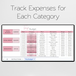 K&ouml;nnte beinhalten: Eine digitale Reisebudget-Tabelle mit einem rosa Header und einem schwarzen Rahmen. Die Tabelle enth&auml;lt Spalten f&uuml;r Datum, Kategorie, Ort, Beschreibung, Budget und Ausgaben. Der Text "Track Expenses for Each Category" steht oben.