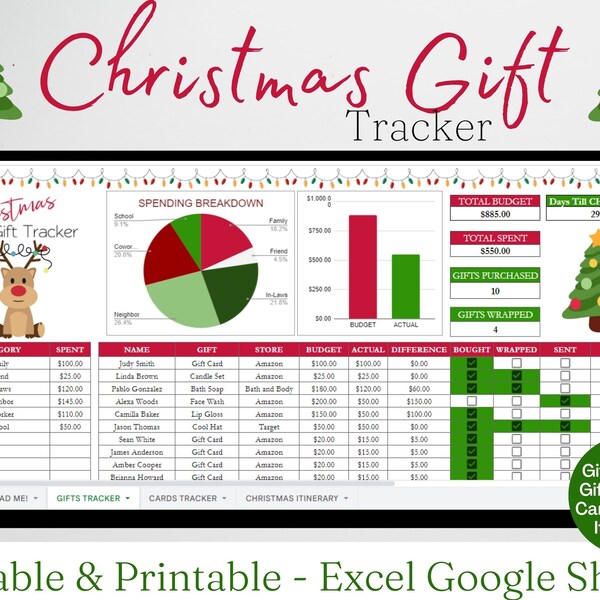 Christmas Gift Tracker, Christmas Planner Christmas Gift List, Christmas Budget Planner, Christmas Card Tracking, Holiday Gift Google Sheets