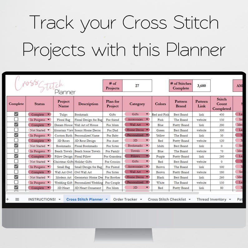 Cross Stitch Planner Google Sheet, Craft Project Tracker, Cross ...