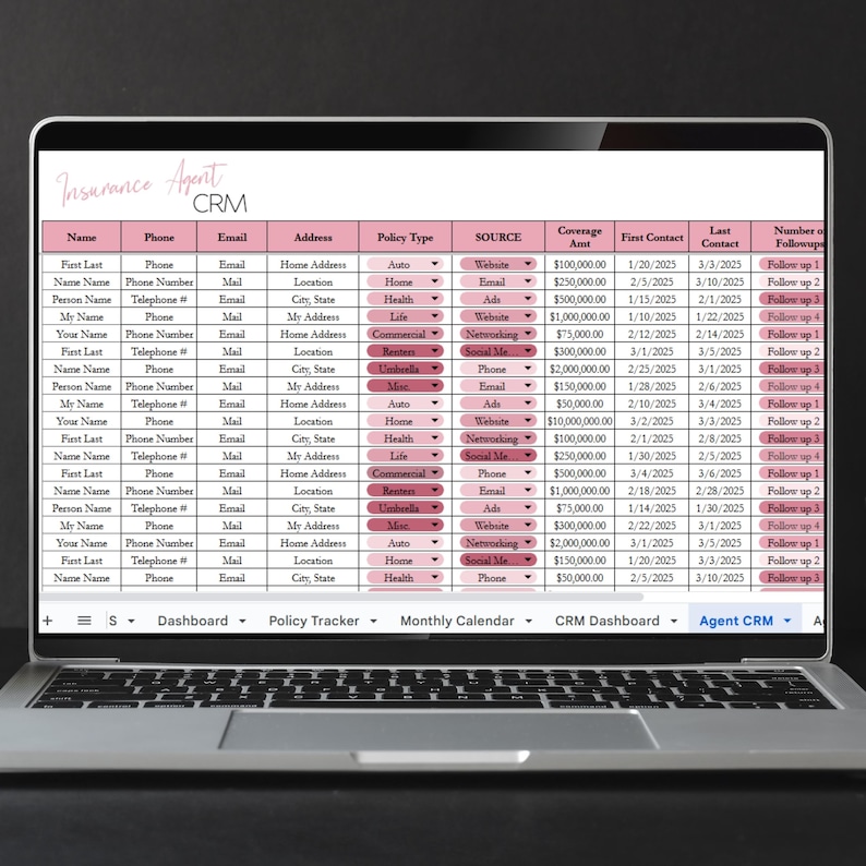 May include: A laptop screen displays a pink and white CRM (Customer Relationship Management) dashboard for an insurance agent. The spreadsheet-like interface organizes client data, including names, phone numbers, and policy details.