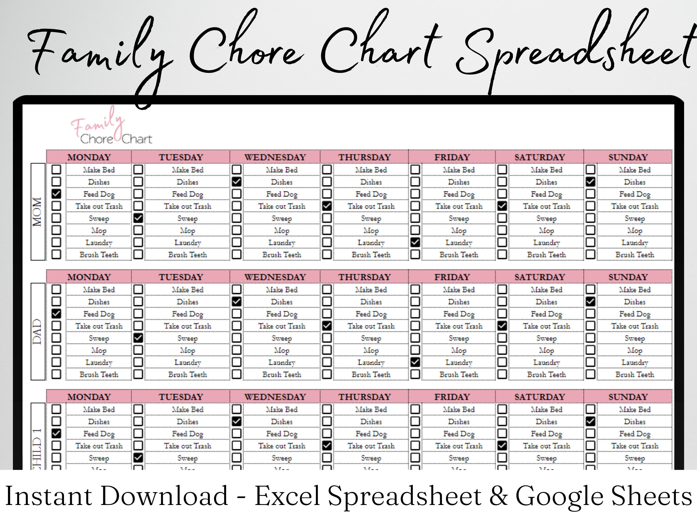 Chore Chart Spreadsheet, Weekly Chore Chart Checklist, Family Chores