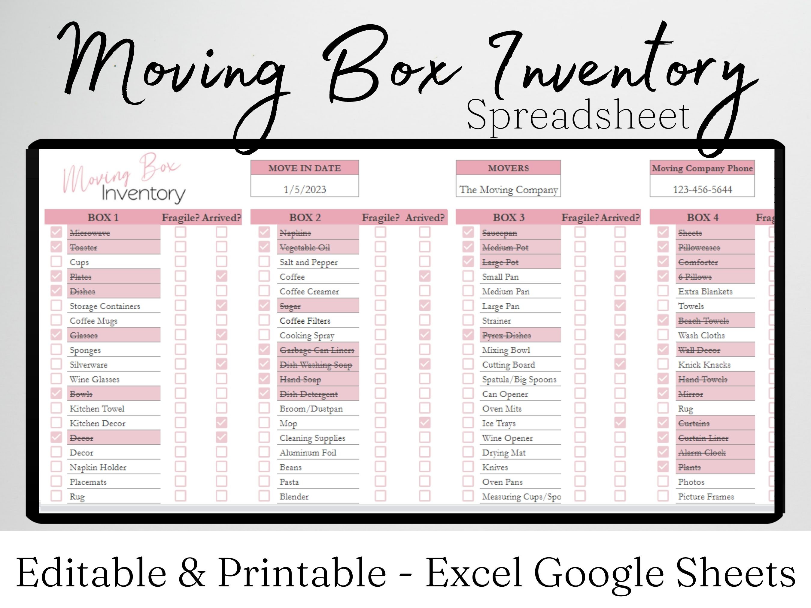 Moving Box Inventory Excel Spreadsheet, Organized Moving, Home ...