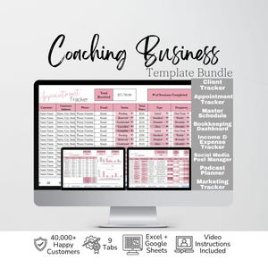 Könnte beinhalten: Ein Coaching-Business-Vorlagenpaket auf einem Computerbildschirm, das eine Terminverfolgungs-Tabelle mit rosa Kopfzeilen zeigt. Das Paket enthält eine Kundenverfolgung, einen Zeitplan, ein Buchhaltungs-Dashboard und weitere Verwaltungstools.