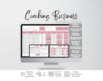 May include: A Coaching Business Template Bundle displayed on a computer screen, featuring an Appointment Tracker spreadsheet with pink headers. The bundle includes a Client Tracker, Master Schedule, Bookkeeping Dashboard, and other management tools.