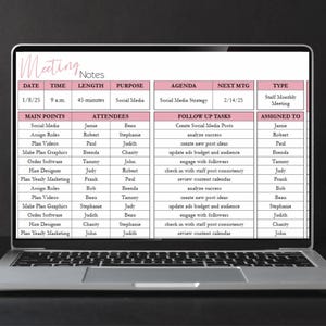 May include: A laptop screen displaying a digital meeting notes template with pink headers. The table includes columns for date, time, length, purpose, agenda, next meeting, type, main points, attendees, follow up tasks, and assigned to.