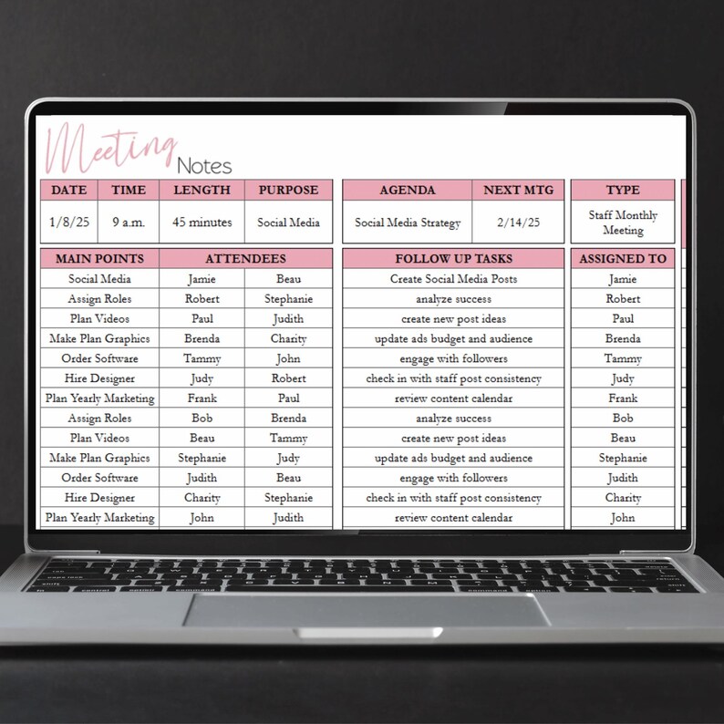 May include: A laptop screen displaying a digital meeting notes template with pink headers. The table includes columns for date, time, length, purpose, agenda, next meeting, type, main points, attendees, follow up tasks, and assigned to.