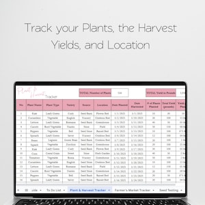 Puede incluir: Una pantalla de computadora port&aacute;til que muestra una hoja de c&aacute;lculo de seguimiento de plantas y cosechas. La hoja de c&aacute;lculo incluye columnas para el nombre de la planta, el tipo, la variedad, la fuente, la ubicaci&oacute;n, la fecha de plantaci&oacute;n, la fecha de cosecha, el n&uacute;mero de plantas, el rendimiento total en libras y el rendimiento por planta. La hoja de c&aacute;lculo muestra un total de 536 plantas y un rendimiento total de 1.930 libras.