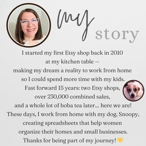 May include: A personal story graphic featuring a circular portrait of a woman with glasses, a circular photo of a small dog, and text detailing a 15-year Etsy business journey, including 230,000 sales, working from home, and creating organizational spreadsheets.