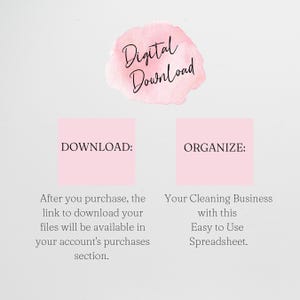 May include: Digital download graphic with a pink watercolor splash and text. The text reads "Digital Download" at the top, with "DOWNLOAD:" and "ORGANIZE:" in pink boxes below. Additional text explains the download process and spreadsheet use.
