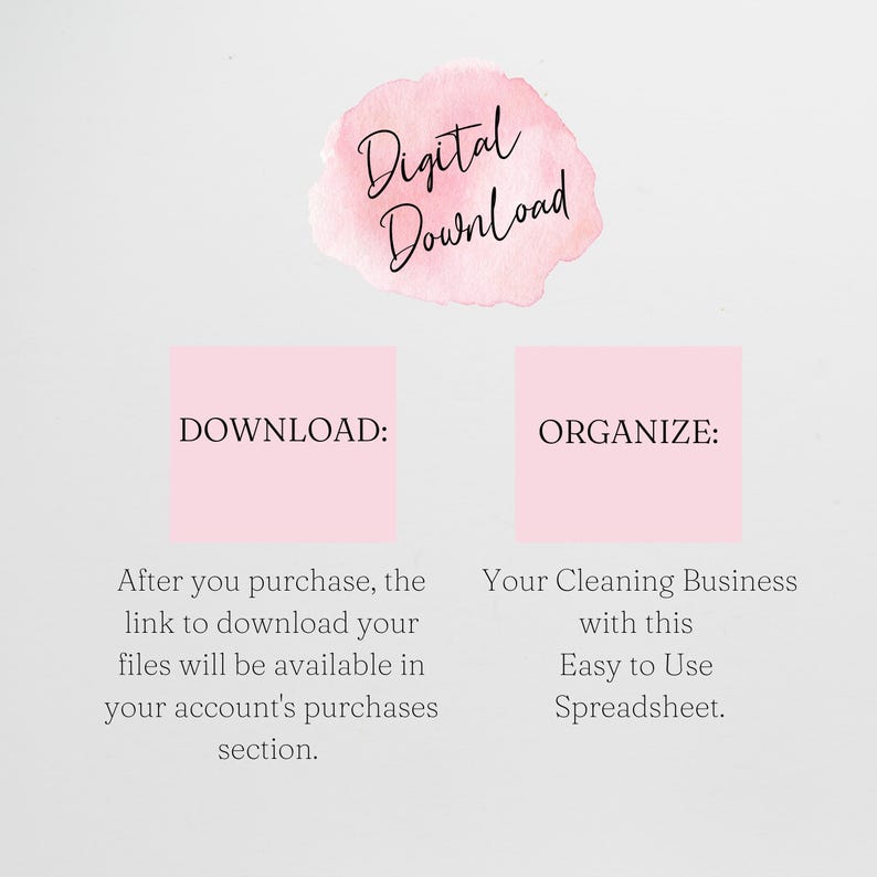May include: Digital download graphic with a pink watercolor splash and text. The text reads "Digital Download" at the top, with "DOWNLOAD:" and "ORGANIZE:" in pink boxes below. Additional text explains the download process and spreadsheet use.