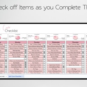 May include: A pink and white self-care checklist with a daily schedule for Sunday through Friday. The checklist includes items like getting 7-8 hours of sleep, turning off your phone before bed, drinking 8 glasses of water, washing your face, using a face mask weekly, reading for 20 minutes, going on a walk, meditating, writing in your gratitude list, eating healthy, spending time outside, going to bed on time, doing yoga, listening to relaxing music, and taking a hot shower.
