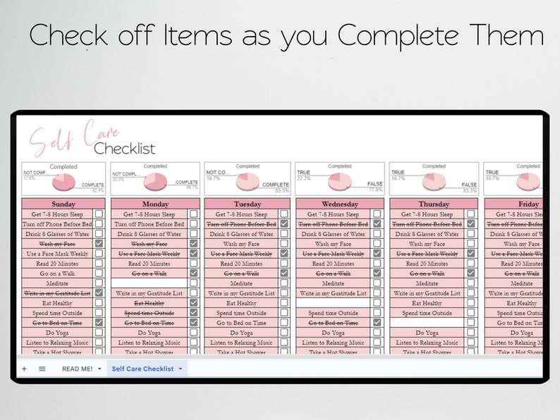 May include: A pink and white self-care checklist with a daily schedule for Sunday through Friday. The checklist includes items like getting 7-8 hours of sleep, turning off your phone before bed, drinking 8 glasses of water, washing your face, using a face mask weekly, reading for 20 minutes, going on a walk, meditating, writing in your gratitude list, eating healthy, spending time outside, going to bed on time, doing yoga, listening to relaxing music, and taking a hot shower.