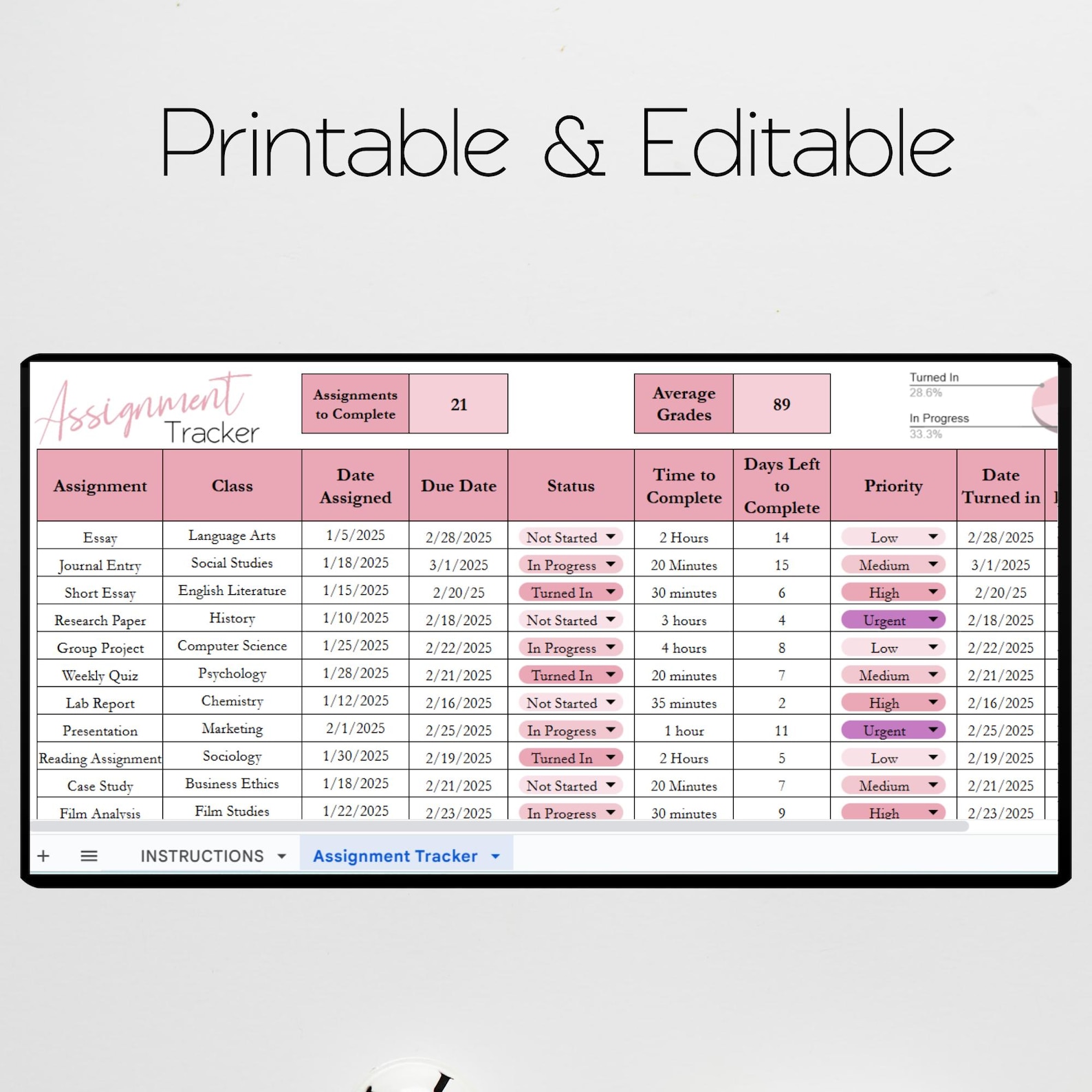 Assignment Tracker Template Excel Spreadsheet, Homework Task List ...
