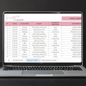 May include: A laptop computer screen displaying a spreadsheet with the title "Expense Tracker". The spreadsheet is divided into columns with headings such as "Date", "Category", "Place", "Payment Method", and "Description". The spreadsheet contains data about various expenses, including groceries, childcare, and church.
