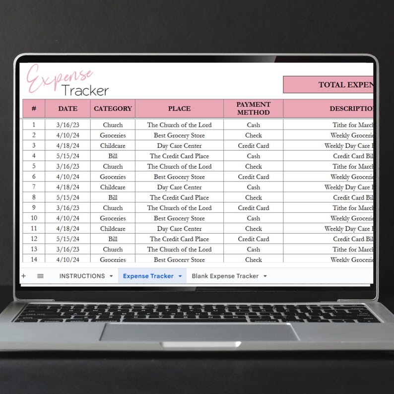 May include: A laptop computer screen displaying a spreadsheet with the title "Expense Tracker". The spreadsheet is divided into columns with headings such as "Date", "Category", "Place", "Payment Method", and "Description". The spreadsheet contains data about various expenses, including groceries, childcare, and church.