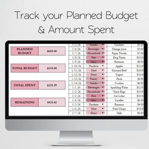 May include: A computer monitor displaying a budget tracking spreadsheet. The screen shows categories like "Planned Budget," "Total Budget," and "Total Spent," along with a detailed breakdown of expenses. The text "Track your Planned Budget & Amount Spent" is at the top.