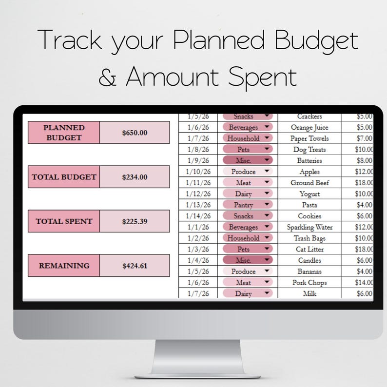 May include: A computer monitor displaying a budget tracking spreadsheet. The screen shows categories like "Planned Budget," "Total Budget," and "Total Spent," along with a detailed breakdown of expenses. The text "Track your Planned Budget & Amount Spent" is at the top.