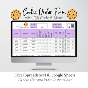Sjabloon cookiebestelling met QR-code, afdrukbaar bestelformulier 2026, bewerkbaar Google-blad, Excel-verkoopformulieren Girl Troop Cookie, inzamelingsactie