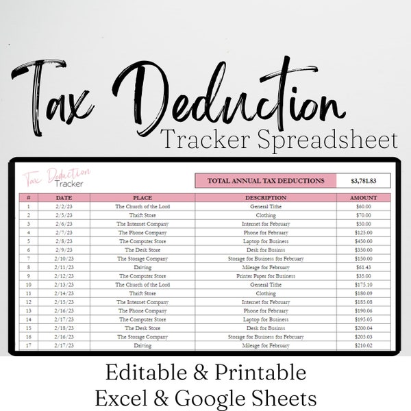 Tax Deduction Tracker Excel Spreadsheet, Editable Tax Deductions List, Tax Organizer Planner, Small Business Tax Preparation Google Sheets