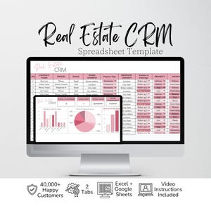 May include: A computer monitor displays a Real Estate CRM spreadsheet template with pink headers and data columns. A smaller window shows charts including a pie chart and bar graphs. Text below includes 40,000+ Happy Customers, 2 Tabs, Excel + Google Sheets, and Video Instructions Included.