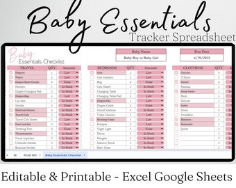 Baby Essentials Checklist Google Sheets, Baby Registry Checklist, Newborn Must Haves, New Mom Planner, Baby Shower Planning, Excel Editable