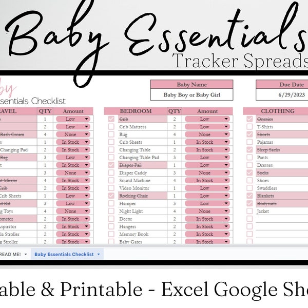 Liste de contrôle des éléments essentiels pour bébé Feuilles Google, Liste de contrôle du registre des bébés, Nouveau-né Must Haves, Planificateur de nouvelle maman, Planification de la douche de bébé, Excel modifiable