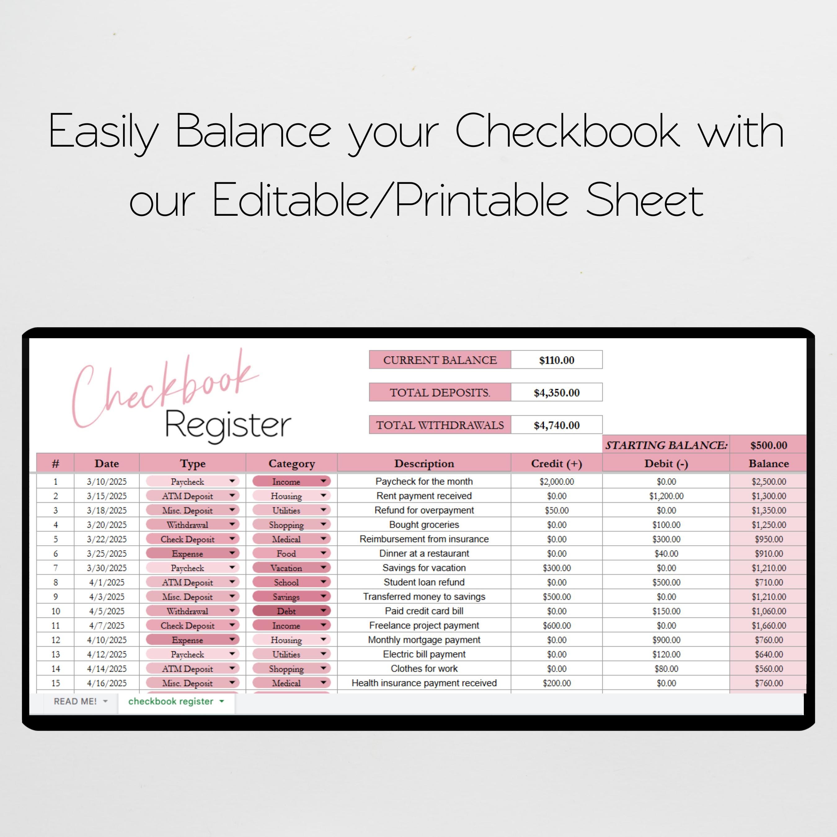 Checkbook Register Excel Spreadsheet, Digital Check Book Google Sheets ...