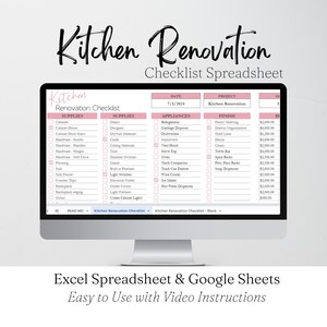 Liste de contrôle pour rénovation de cuisine, feuille de calcul Excel, liste de contrôle pour rénovation de cuisine, modèle de planificateur de guide de rénovation de cuisine