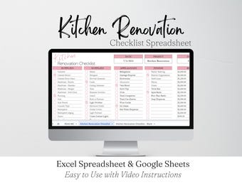 Lista de verificação de reforma de cozinha (planilhas do Google), planilha de verificação de reforma de cozinha (planilha do Excel), guia de reforma de cozinha (modelo de planejador)