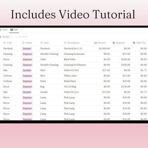 May include: A digital spreadsheet displaying financial data, including income, expenses, and sales tax. The table includes dates, item descriptions, and amounts. The text "Includes Video Tutorial" is at the top.