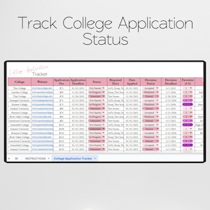 May include: A digital college application tracker spreadsheet displayed on a screen. The table features columns for college names, websites, fees, deadlines, status, required documents, dates applied, and decisions. The header reads College Application Tracker.
