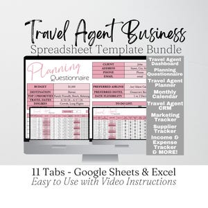 Puede incluir: Un monitor de ordenador muestra un paquete de plantillas de hojas de cálculo para agentes de viajes. La pantalla muestra hojas de cálculo rosas y blancas con el texto "Planning Questionnaire" y "To Do List". El texto "Travel Agent Business" está en la parte superior.