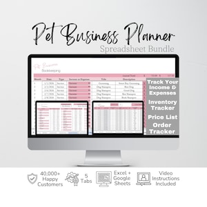 May include: A Pet Business Planner spreadsheet bundle displayed on a computer monitor, featuring pink and white tables for bookkeeping, inventory, and order tracking. Text includes Pet Business Planner, Spreadsheet Bundle, and Track Your Income & Expenses.