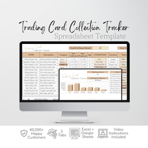 May include: A digital trading card collection tracker spreadsheet template displayed on a computer monitor. The interface features columns for item, description, category, date, age, condition, and location, with a bar chart showing collection data.