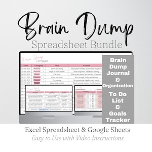 Op de afbeelding: Een digitale spreadsheetbundel weergegeven op een laptopscherm, met een roze en wit tafelontwerp. De tekst luidt "Brain Dump Spreadsheet Bundle", met extra tekst die aangeeft dat het een journaal, een takenlijst en een doelenvolger bevat.