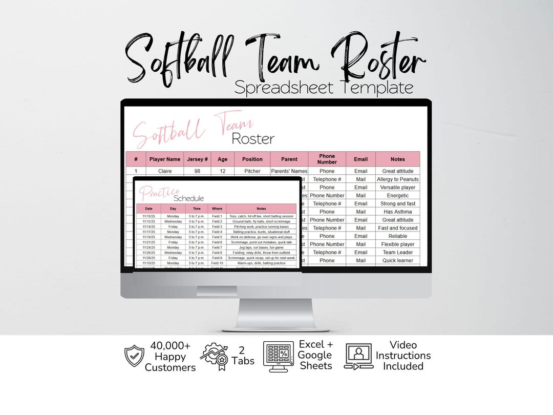 Softball Team Roster Template Google Sheet, Excel Spreadsheet, Practice ...