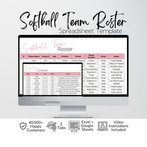 Könnte beinhalten: Eine digitale Tabellenkalkulationsvorlage für eine Softball-Mannschaft, die auf einem Computermonitor angezeigt wird. Die Tabelle enthält Spalten für Spielername, Trikotnummer, Alter, Position, Elternteil, Telefonnummer, E-Mail und Notizen.