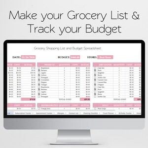 May include: A computer monitor displaying a digital grocery shopping list and budget spreadsheet. The interface features pink headers, columns for items, quantities, costs, and actual totals, with text reading Make your Grocery List & Track your Budget.