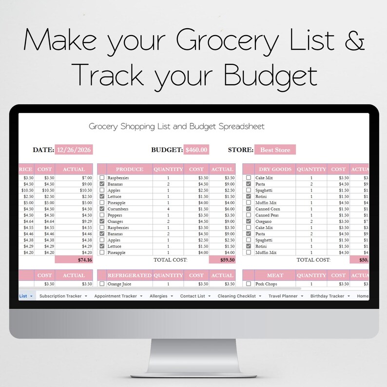 May include: A computer monitor displaying a digital grocery shopping list and budget spreadsheet. The interface features pink headers, columns for items, quantities, costs, and actual totals, with text reading Make your Grocery List & Track your Budget.